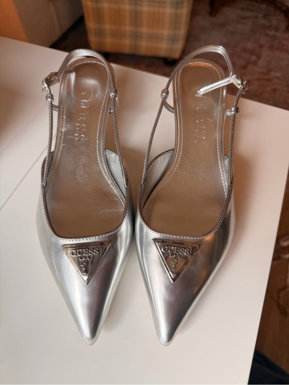 GUESS Silver Pointed Slingback Kitten Heels